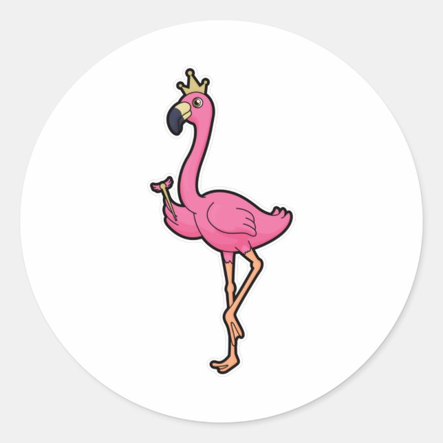 Pegatina Redonda Flamingo como rey con corona y personal (Anverso)