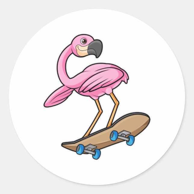 Pegatina Redonda Flamingo como Skater con Skateboard (Anverso)