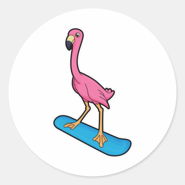 Pegatina Redonda Flamingo como snowboard con Snowbaord (Anverso)