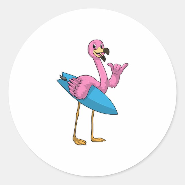 Pegatina Redonda Flamingo como surfista con Surfboard (Anverso)