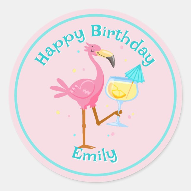 Pegatina Redonda Flamingo con cóctel (Anverso)