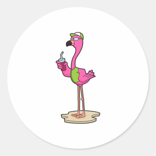 Pegatina Redonda Flamingo con gafas de sol y gorra (Anverso)