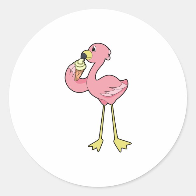 Pegatina Redonda Flamingo con helado Waffle (Anverso)
