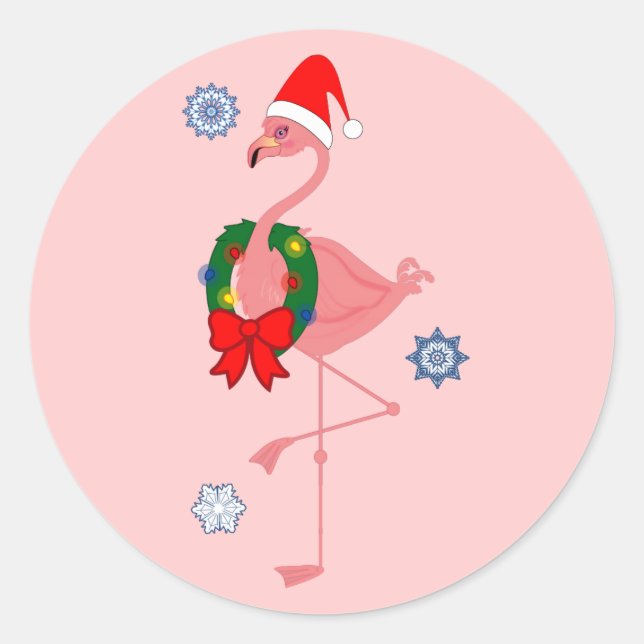 Pegatina Redonda Flamingo con Santa Hat y Wreath (Anverso)