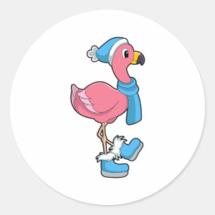 Pegatina Redonda Flamingo con Scarf y Gorra