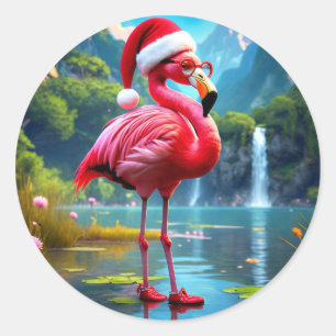 Pegatina Redonda Flamingo de Navidad como Papá Noel-47476