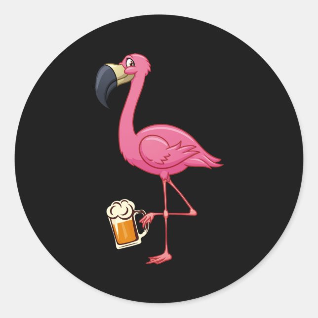 Pegatina Redonda Flamingo Drinking Beer - Funny Pink Flamingo (Anverso)
