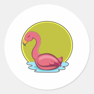 Pegatina Redonda Flamingo en agua con sol