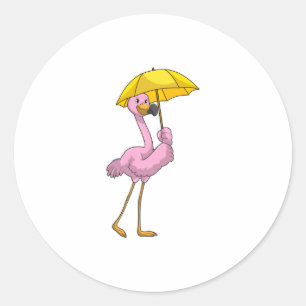 Pegatina Redonda Flamingo en la lluvia con paraguas