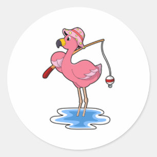 Pegatina Redonda Flamingo en la pesca con barra de pesca