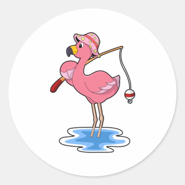 Pegatina Redonda Flamingo en la pesca con barra de pesca (Anverso)