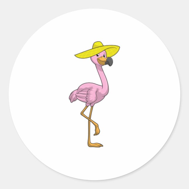 Pegatina Redonda Flamingo en la playa con Gorra (Anverso)