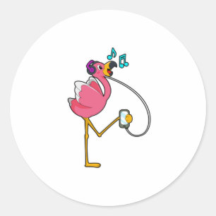 Pegatina Redonda Flamingo en Music with Headphone