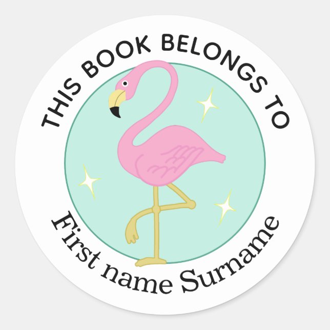 Pegatina Redonda Flamingo Este Libro Pertenece Personalizado  (Anverso)