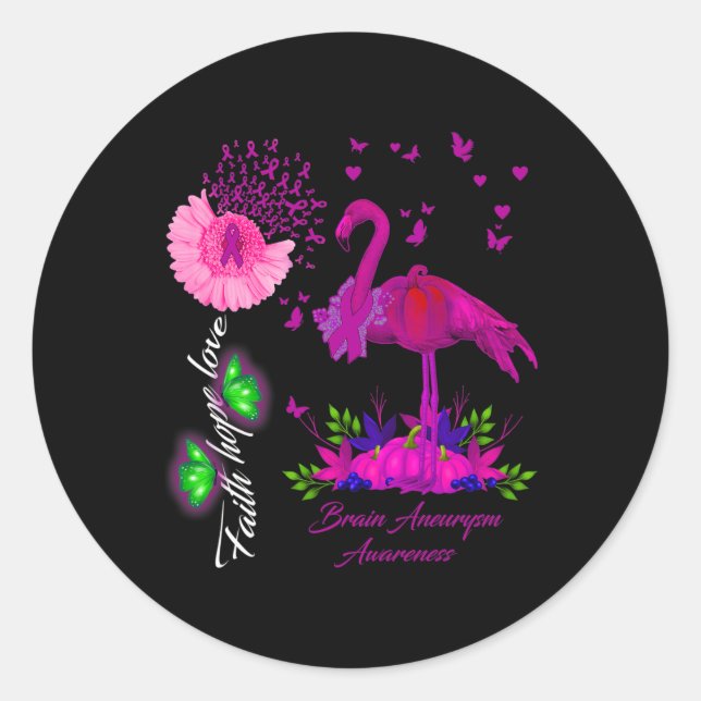 Pegatina Redonda Flamingo Faith Hope Love Brain Aneurysm Awareness (Anverso)