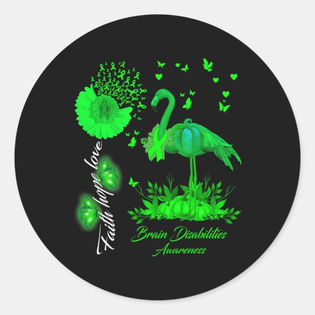 Pegatina Redonda Flamingo Faith Hope Love Brain Disabilities Awaren (Anverso)