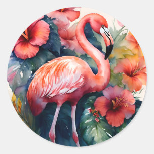 Pegatina Redonda Flamingo Hibiscus Watercolor Art