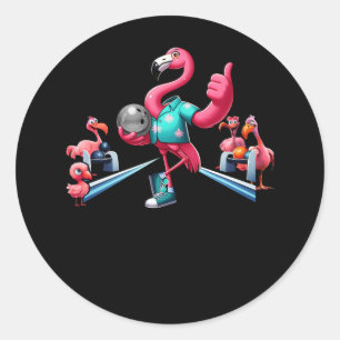 Pegatina Redonda Flamingo Jugando Bowling Grave Art Bowlin