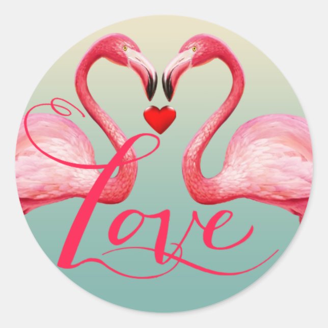 Pegatina Redonda Flamingo Love Wedding Favor | azul menta (Anverso)