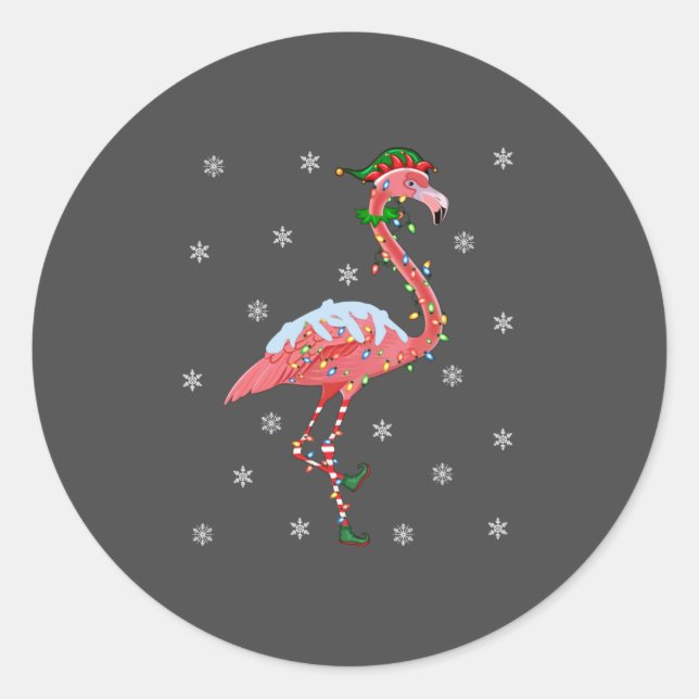 Pegatina Redonda Flamingo Lover Xmas Gift Santa Hat Elf Flamingo (Anverso)