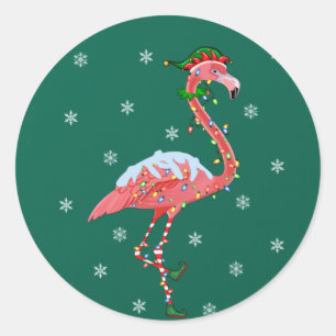 Pegatina Redonda Flamingo Lover Xmas Gift Santa Hat Elf Flamingo