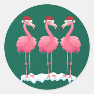 Pegatina Redonda Flamingo Lover Xmas Lighting Santa Pink Flamingos