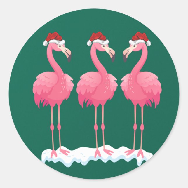 Pegatina Redonda Flamingo Lover Xmas Lighting Santa Pink Flamingos (Anverso)