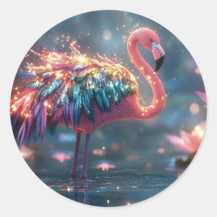 Pegatina Redonda Flamingo mágico Fantasía arte con pluma colorida