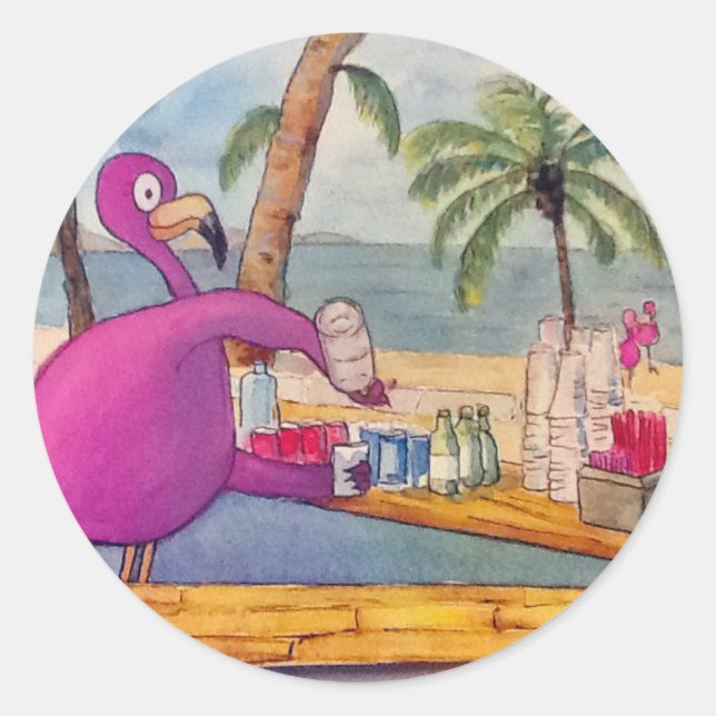 Pegatina Redonda Flamingo rosa caprichoso Fiesta bebe una playa (Anverso)