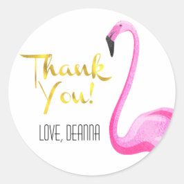 Pegatina Redonda Flamingo rosa con Relieve metalizado dorado falso,