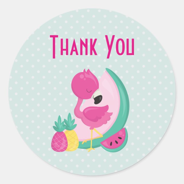 Pegatina Redonda Flamingo rosa con sandía y piña (Anverso)