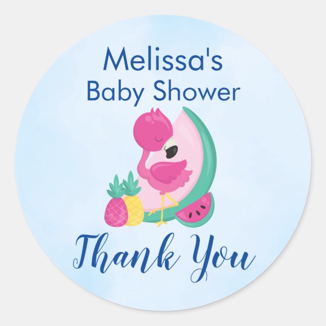 Pegatina Redonda Flamingo rosa con sandía y piña (Anverso)