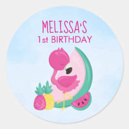Pegatina Redonda Flamingo rosa con sandía y piña Cumpleaños
