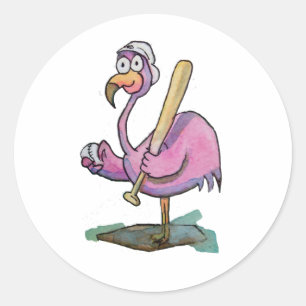 Pegatina Redonda Flamingo rosa de béisbol acuático Whimsical