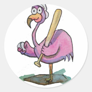 Pegatina Redonda Flamingo rosa de béisbol acuático Whimsical