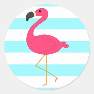 Pegatina Redonda Flamingo rosa en franjas Verde azuladas claras
