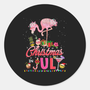 Pegatina Redonda Flamingo Rosa En Navidades De Santa Hat En Julio