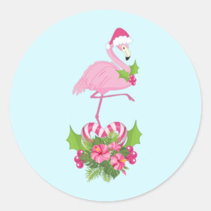 Pegatina Redonda Flamingo rosa en Santa Hat Navidades caprichosos