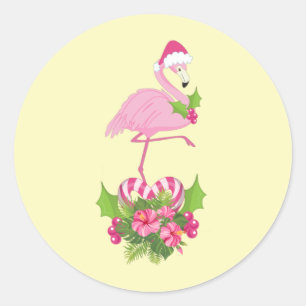 Pegatina Redonda Flamingo rosa en Santa Hat Navidades caprichosos