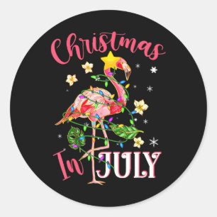 Pegatina Redonda Flamingo rosa en Santa Hat Navidades en julio