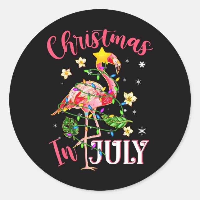 Pegatina Redonda Flamingo rosa en Santa Hat Navidades en julio (Anverso)