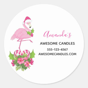 Pegatina Redonda Flamingo rosa en Santa Hat Navidades singulares en