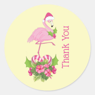 Pegatina Redonda Flamingo rosa en Santa Hat Whimsical Gracias