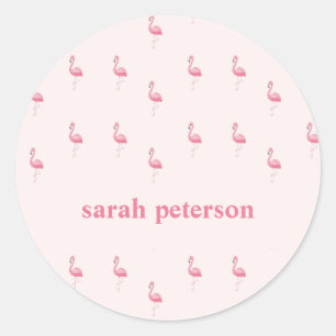 Pegatina Redonda Flamingo rosa lindo nombre personalizado rosa