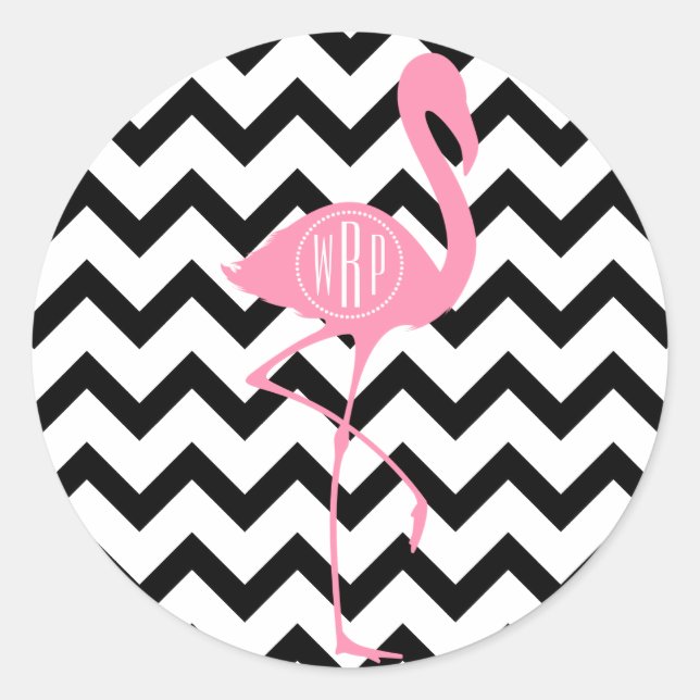 Pegatina Redonda Flamingo rosa monogramado + Chevron negro (Anverso)
