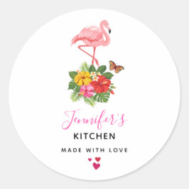 Pegatina Redonda Flamingo rosa y cocina tropical hibiscus Fancy
