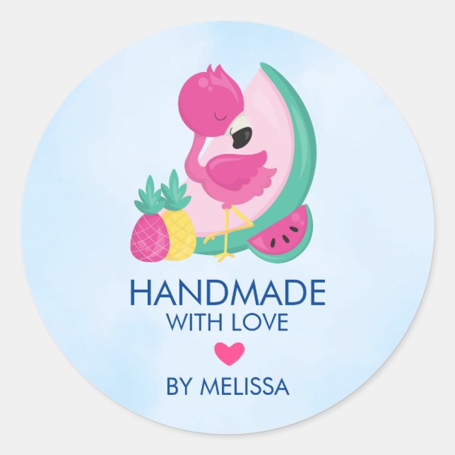 Pegatina Redonda Flamingo rosa y frutas hechas a mano con amor (Anverso)