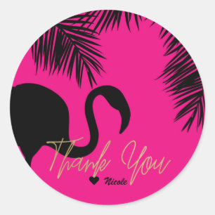 Pegatina Redonda Flamingo rosa y negro y Fiesta tropical pálido