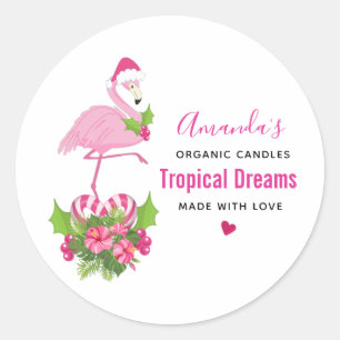 Pegatina Redonda Flamingo rosado en Vela caprichosa de Santa Hat