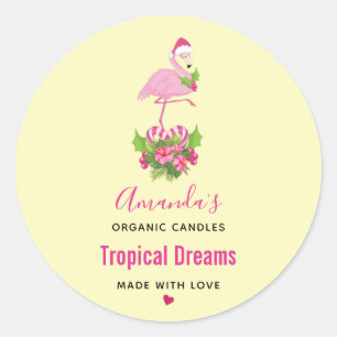 Pegatina Redonda Flamingo rosado en Vela caprichosa de Santa Hat